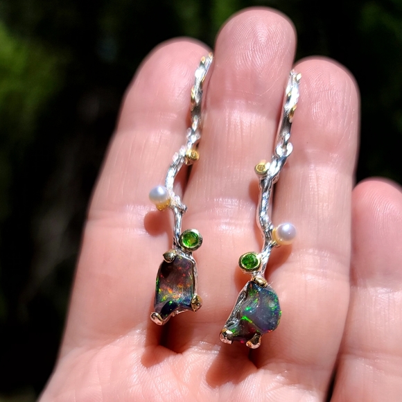 RAW black Opal chrome Diopside pearl & citrine sterling vine earrings - Picture 6 of 13